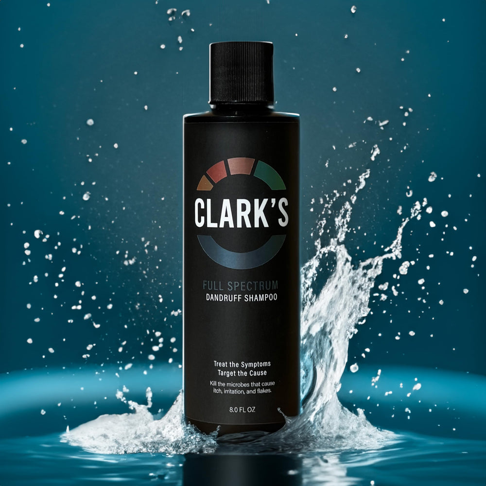 Clark's Full Spectrum Dandruff Shampoo ingredients label shows coal tar and salicylic acid.