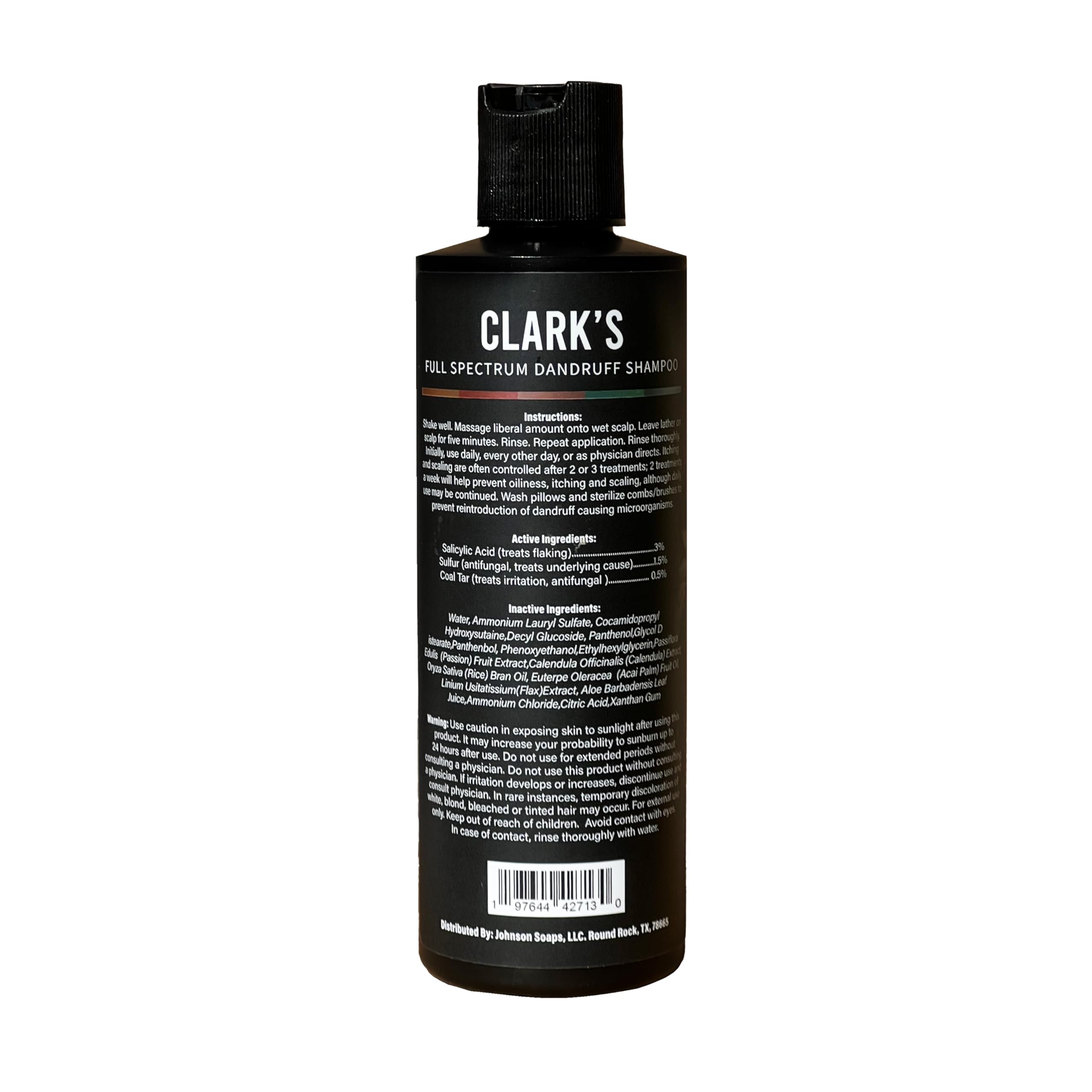 Clark's Full Spectrum Dandruff Shampoo packaging highlights powerful scalp relief.