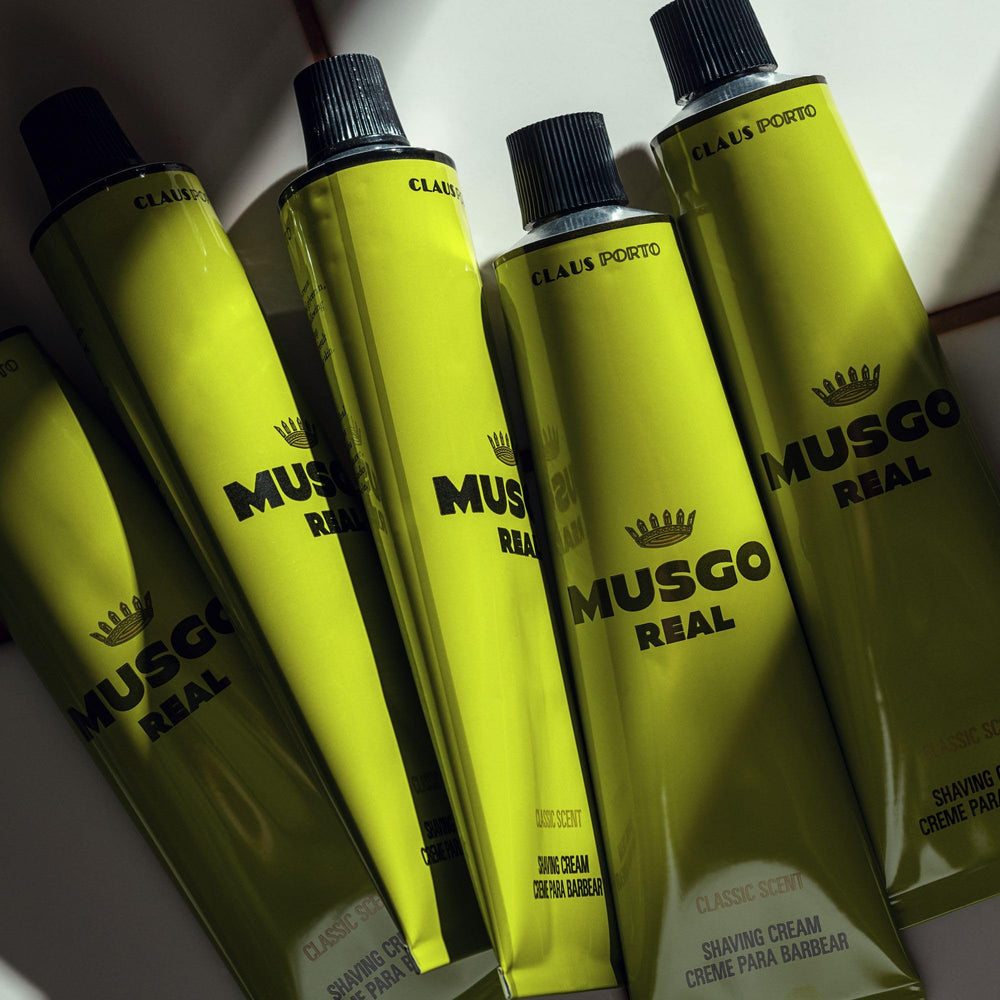 Claus Porto Musgo Real shaving cream classic-scent aftercare demonstrates skin-soothing post-shave care.