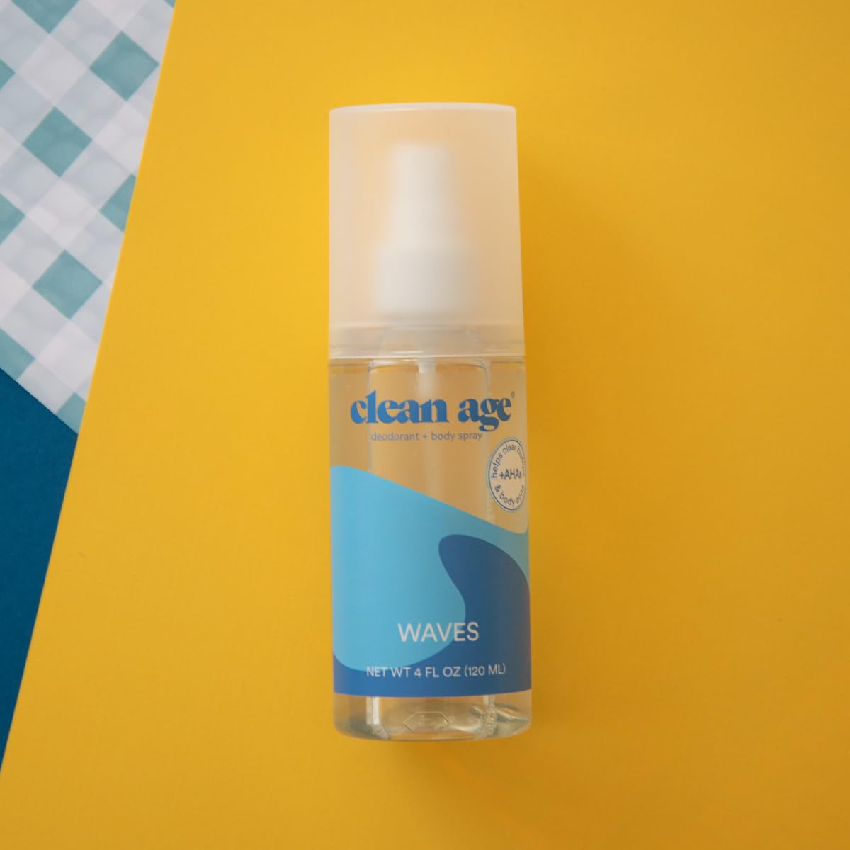 Clean Age Waves bottle back view shows vegan, aluminum-free formula details.