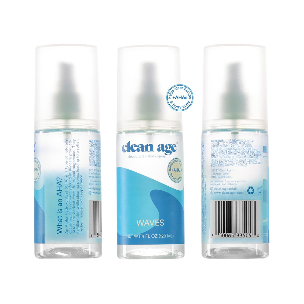 Clean Age Waves packaging set features a compact 4oz bottle for gym bags.