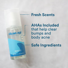 Clean Age Waves spray mist application demonstrates easy post-practice teen refreshment.
