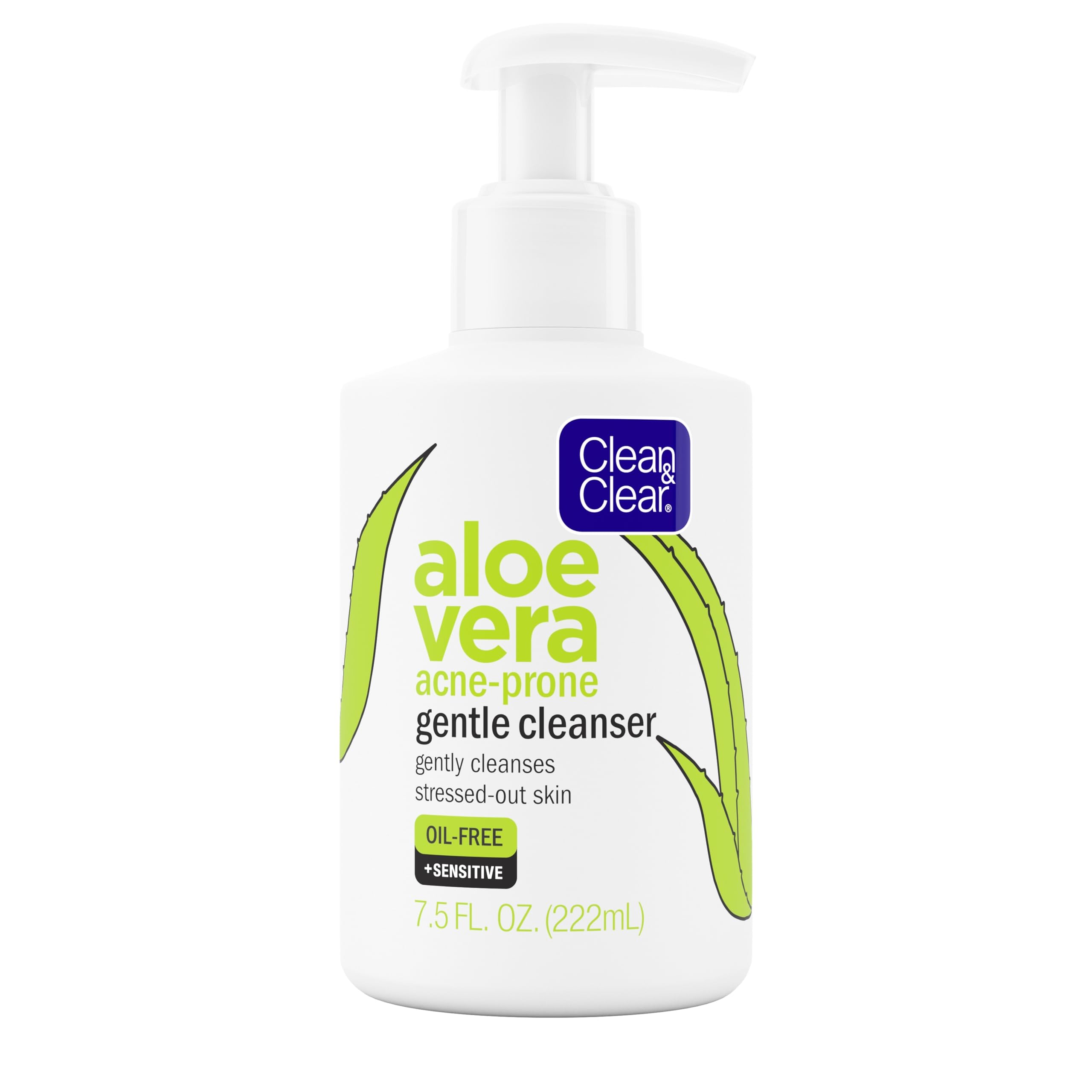 Clean & Clear Aloe Vera Gentle Cleanser bottle promotes oil-free daily use for clear skin.