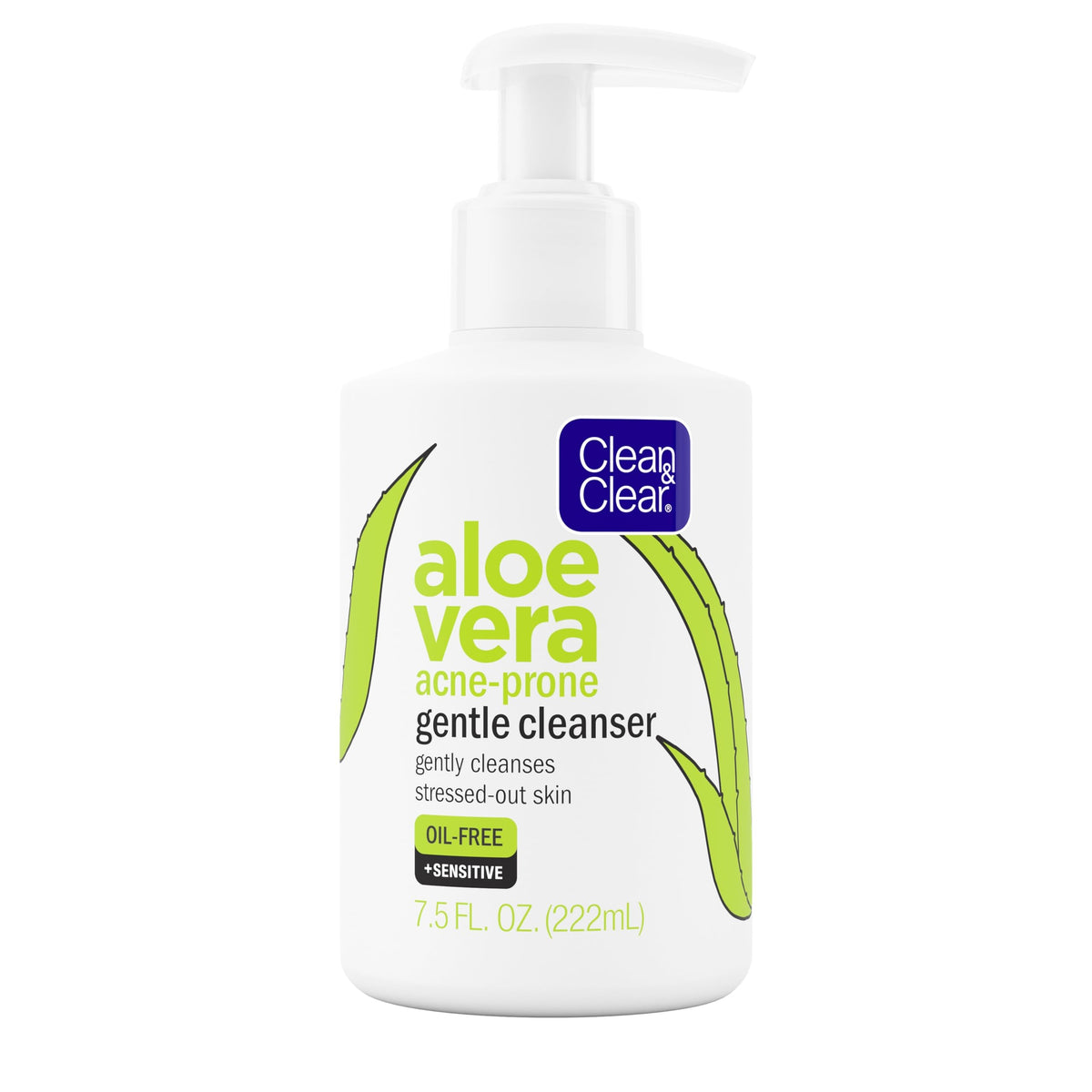 Clean & Clear Aloe Vera Gentle Cleanser bottle promotes oil-free daily use for clear skin.