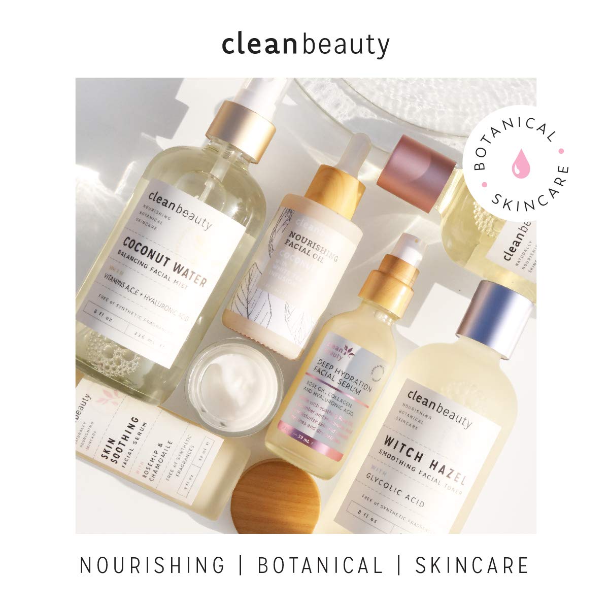 Clean Beauty Botanical extracts label emphasizes soothing actives for complexion.