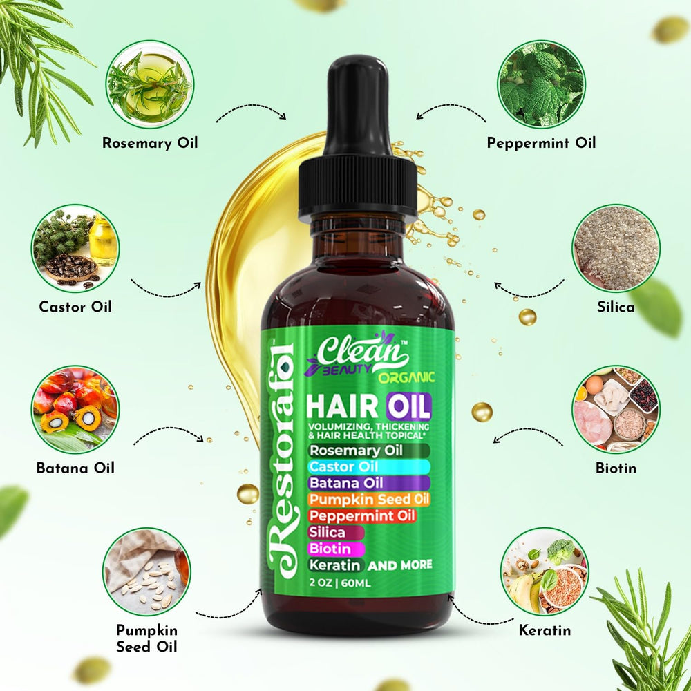Clean Beauty Castor Oil drops show deep conditioning and scalp nourishment.