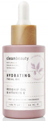 Clean Beauty Hydrating Rose Petal Facial Oil bottle demonstrates calming, hydrated skin.