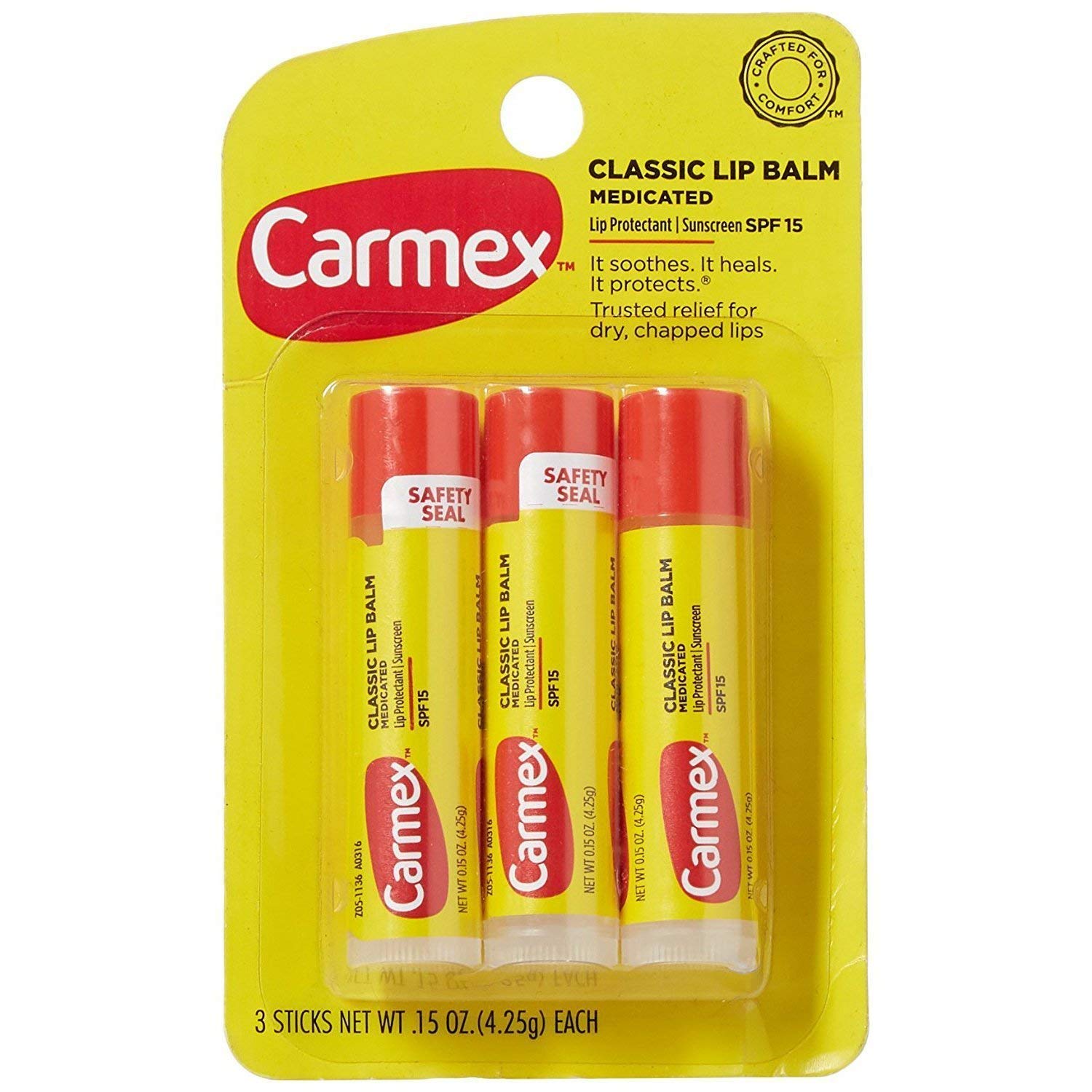 Carmex Lip Balm Original stick for easy application and cooling relief.