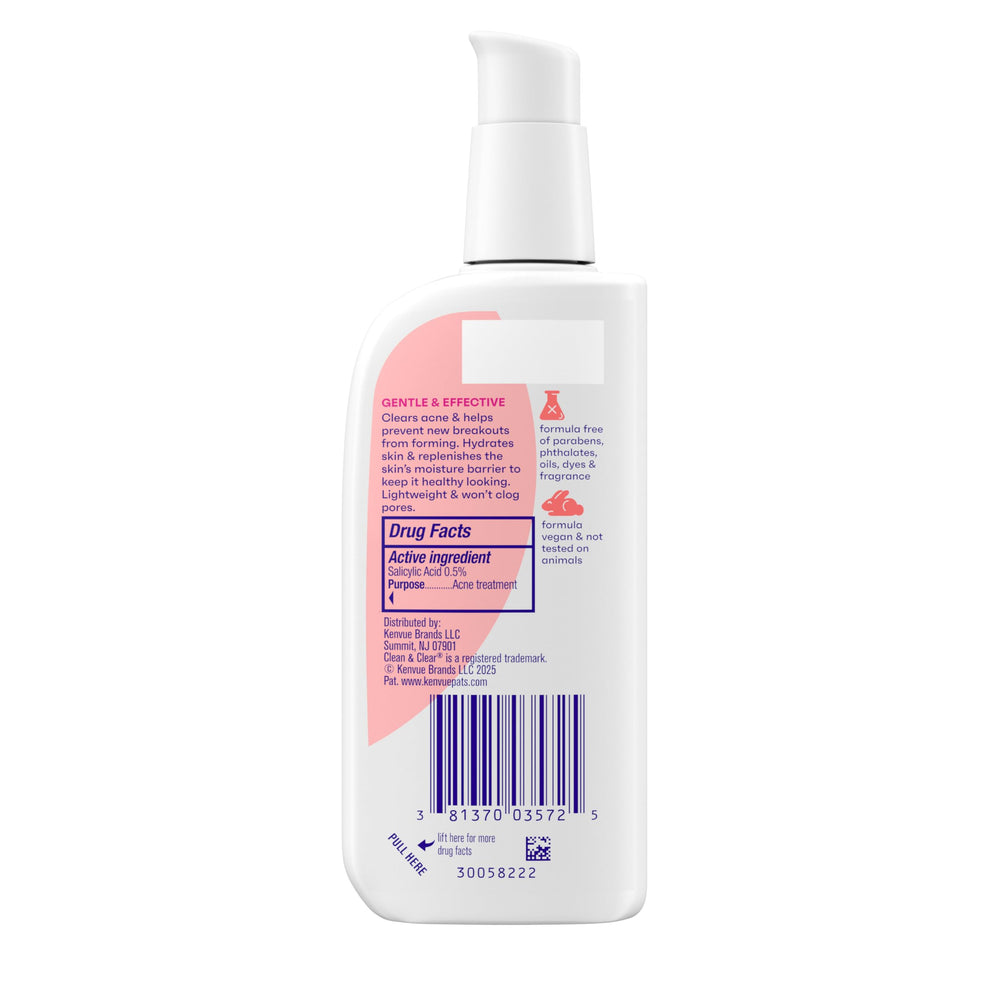 Clean & Clear Essentials bottle made with 30 percent recycled plastic shown.