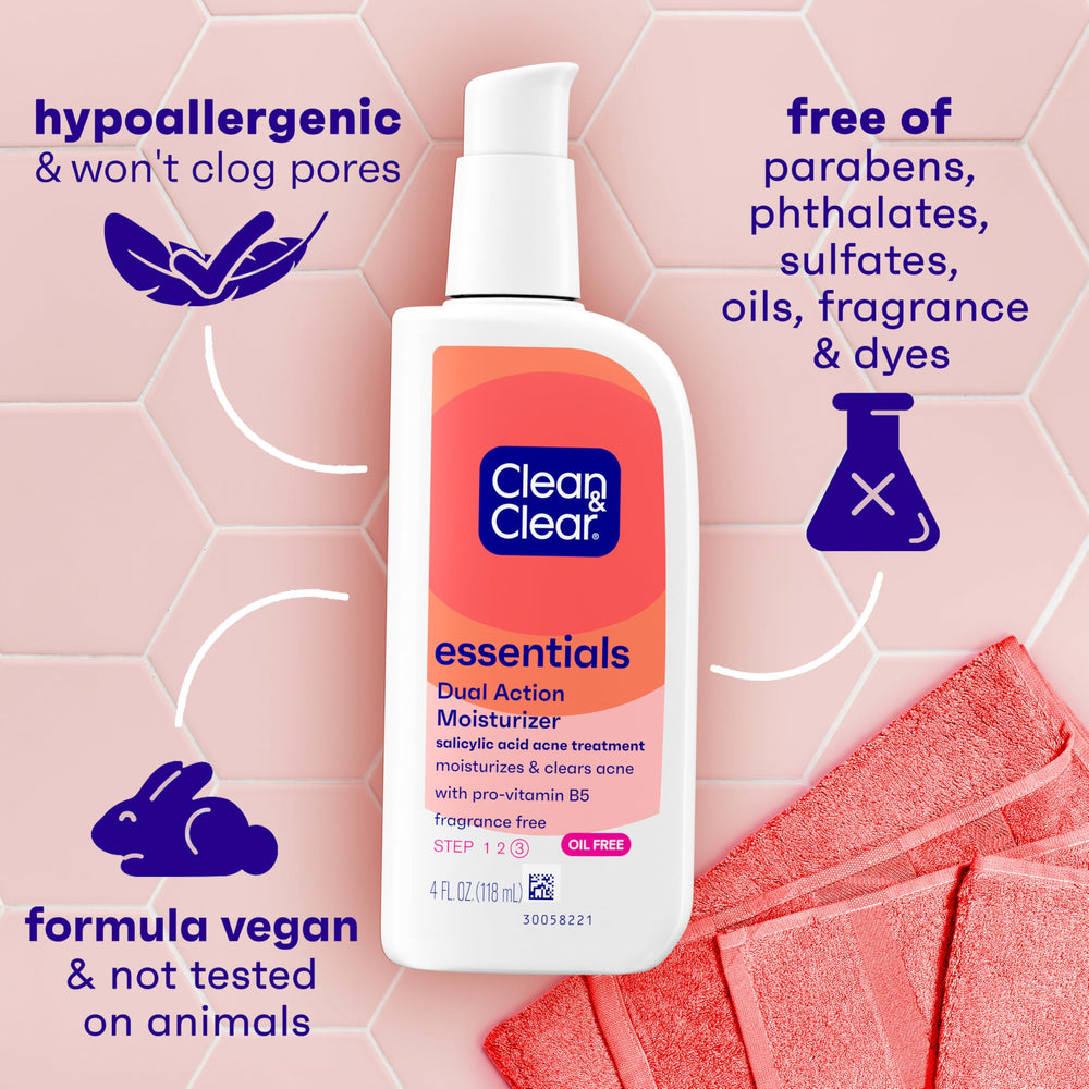 Clean & Clear Essentials vegan formula moisturizer highlighting cruelty-free skincare.