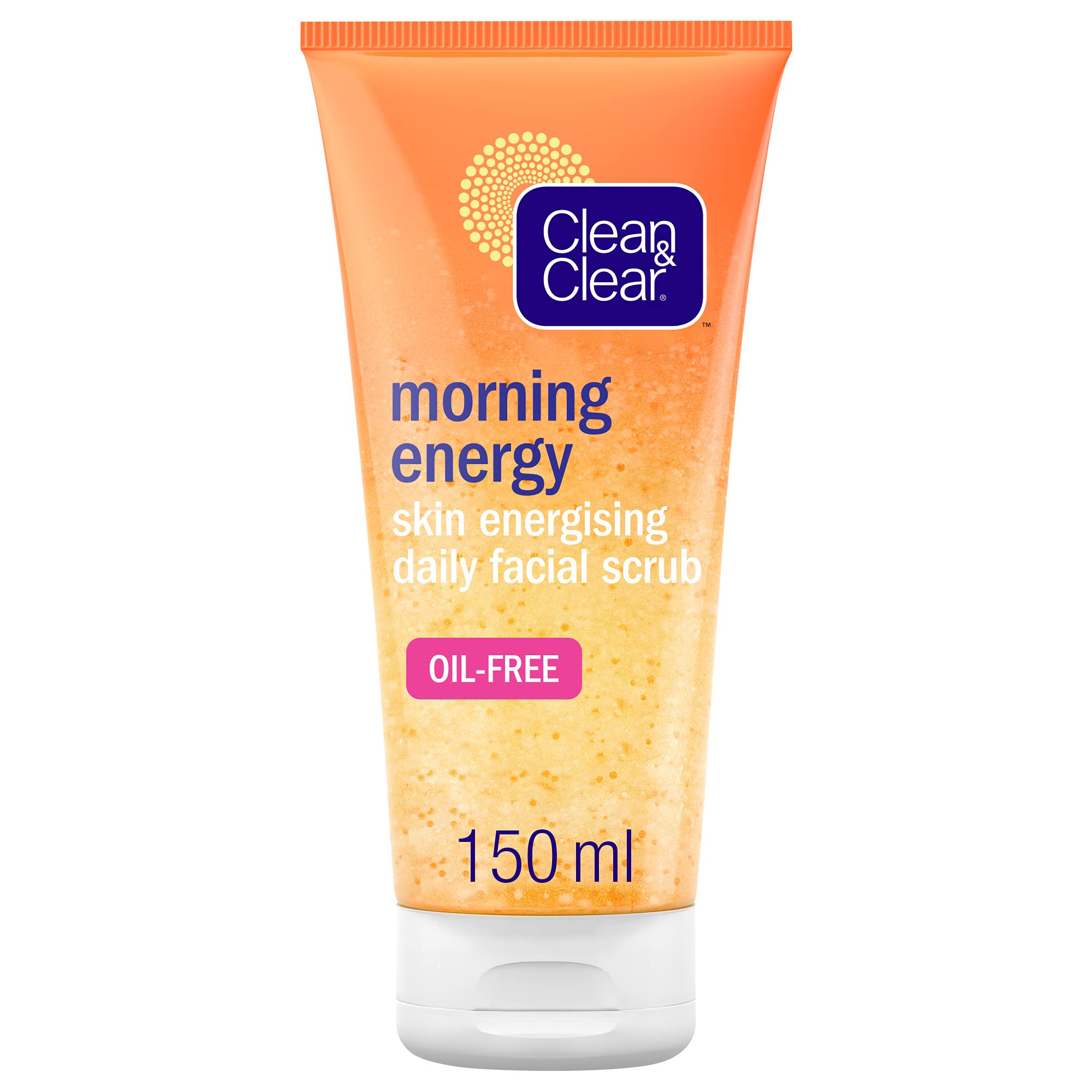 Clean & Clear Morning Energy scrub bottle closeup highlights an energizing daily ritual.