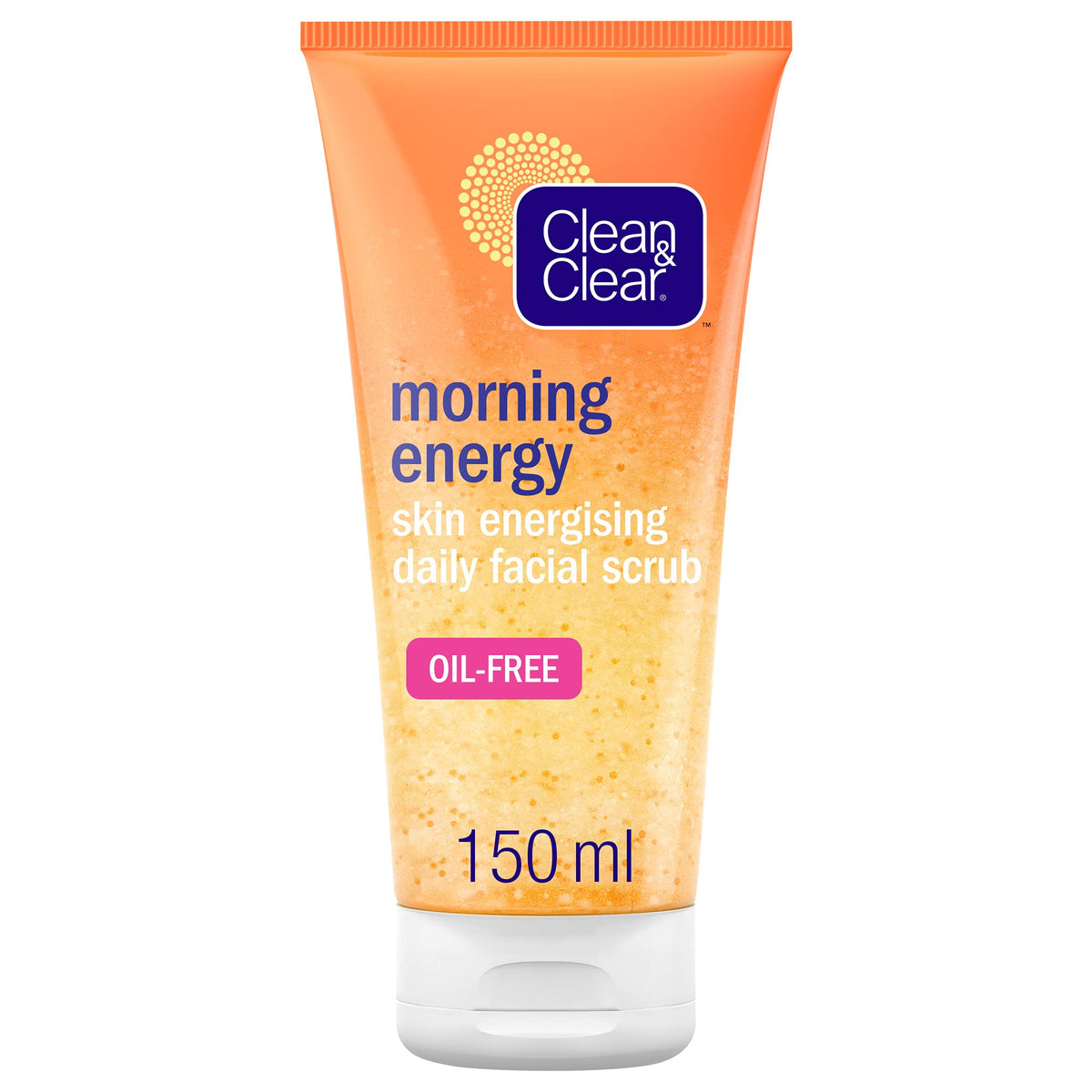 Clean & Clear Morning Energy scrub bottle closeup highlights an energizing daily ritual.
