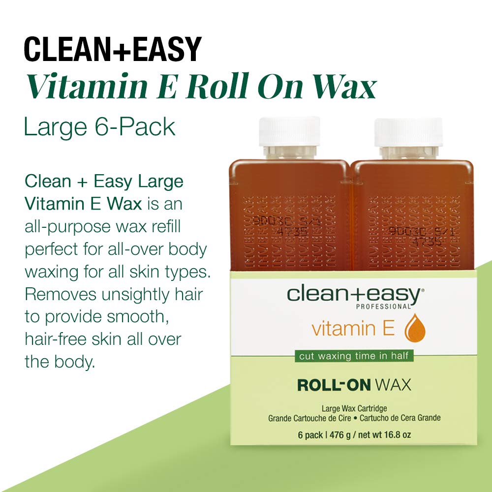 Hands applying Clean + Easy Vit E roll-on wax for precise hair removal