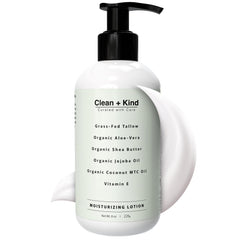 Clean + Kind daily moisturizing lotion bottle front for all-day hydration.