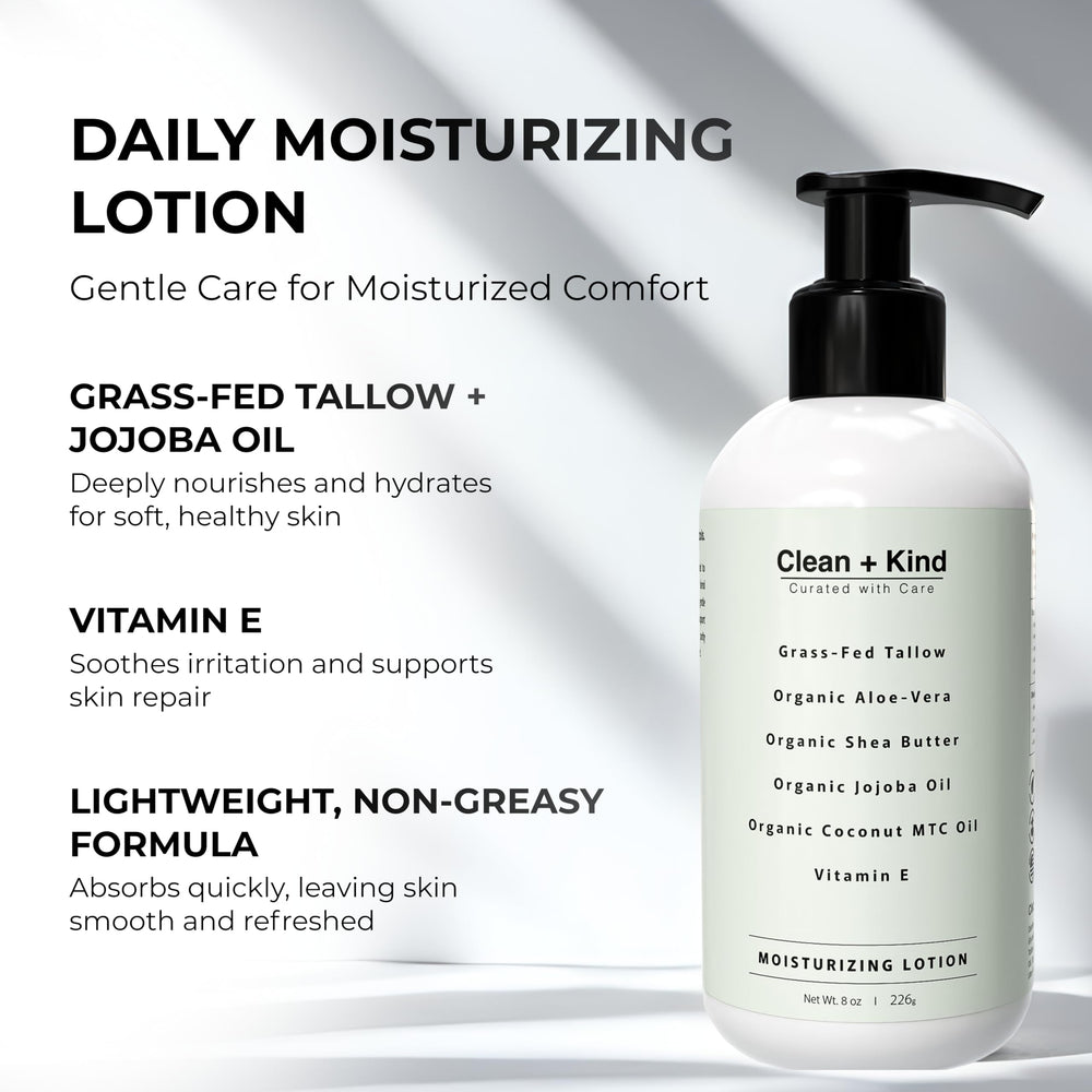 Clean + Kind lotion being rubbed onto hands for quick hydration.