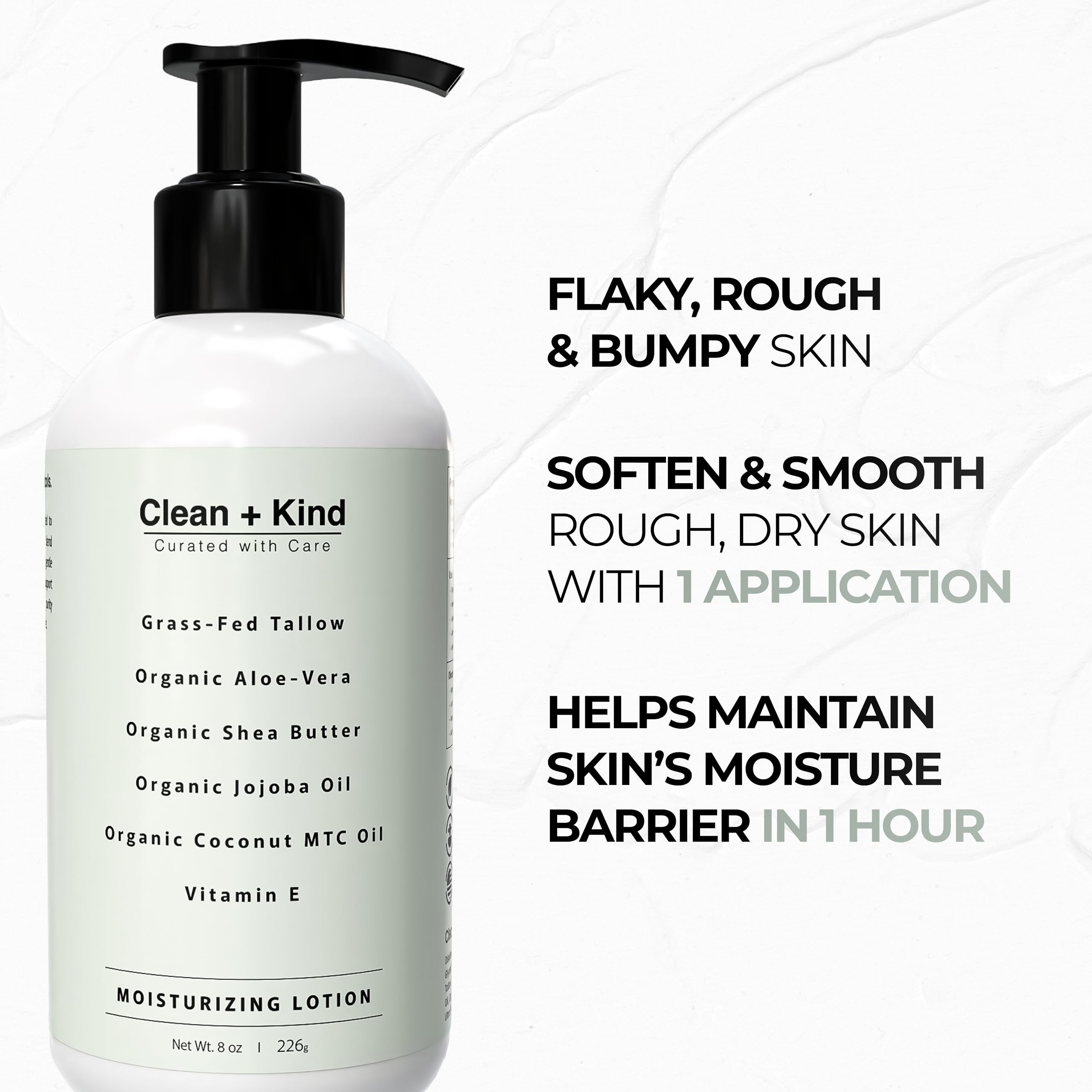 Clean + Kind lotion ingredients in a bowl highlight nourishing hydration and barrier support.