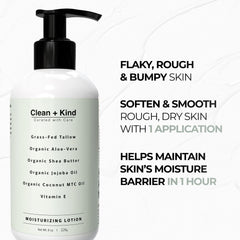 Clean + Kind lotion ingredients in a bowl highlight nourishing hydration and barrier support.