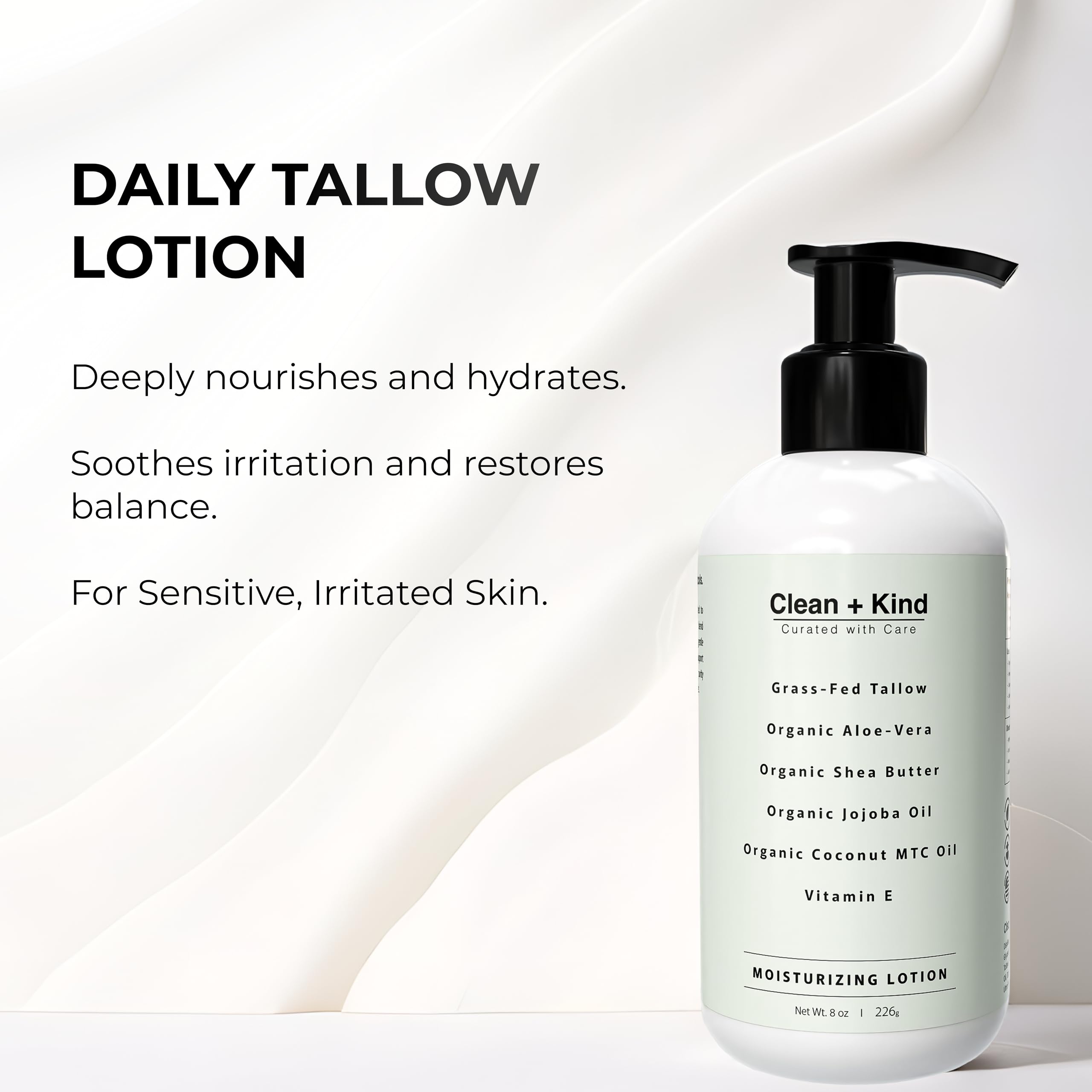 Clean + Kind Vanilla-scented lotion label evokes comforting daily use.