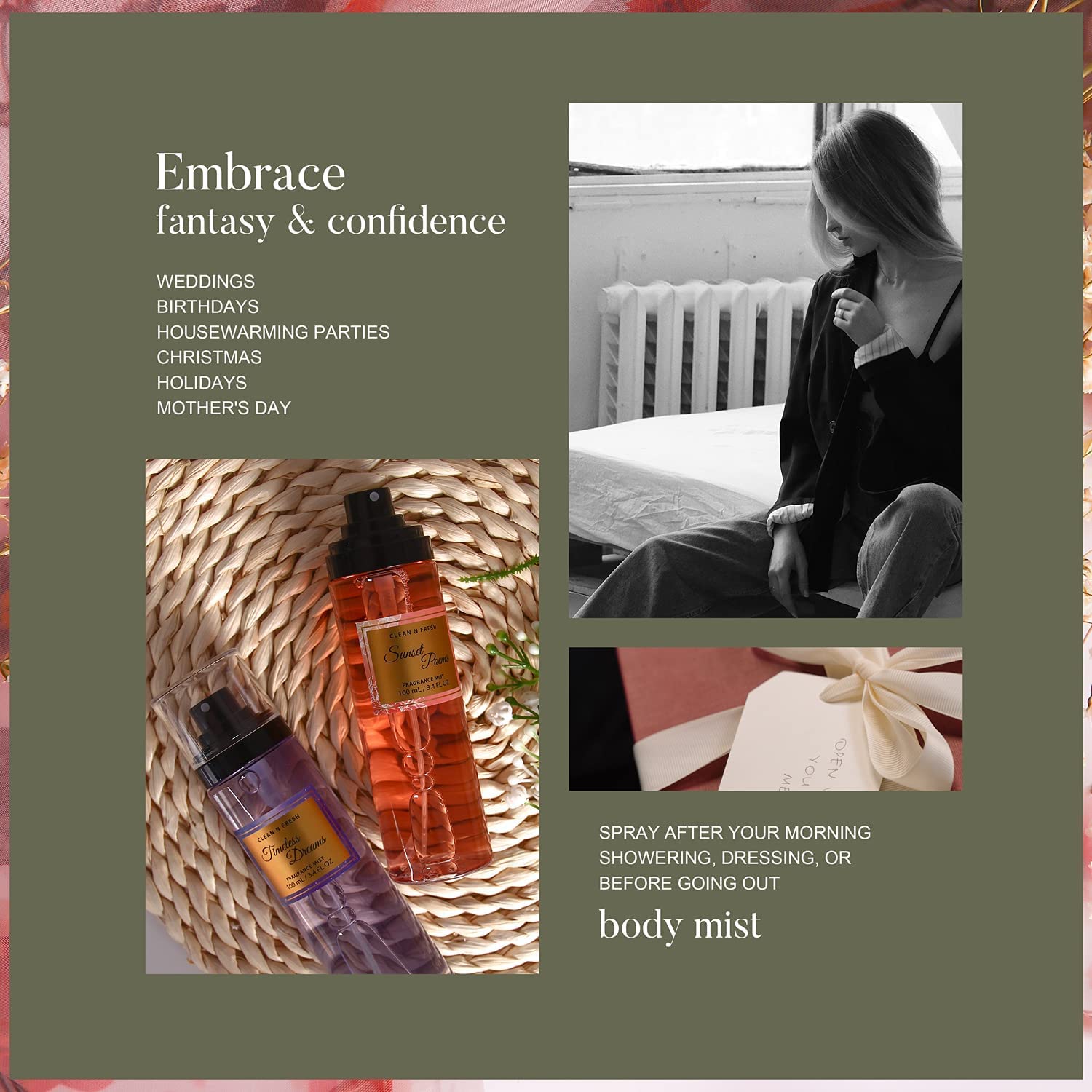 Clean-n-Fresh body spray mist after shower for smooth skin and quick-dry fragrance.
