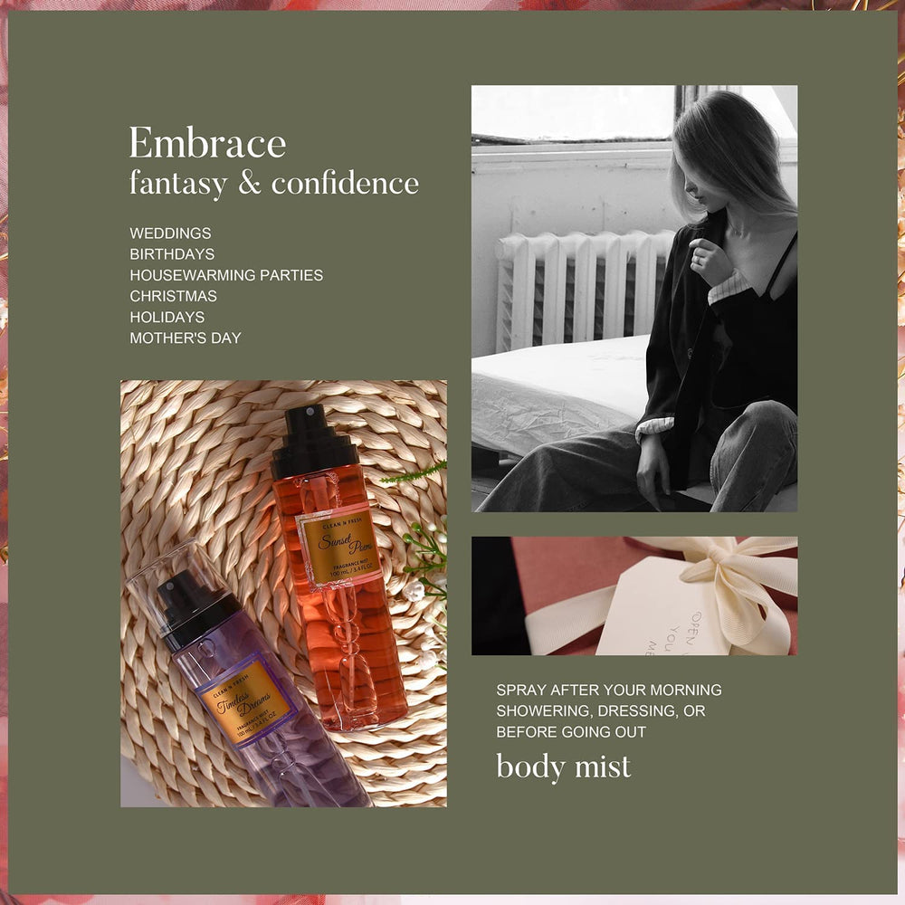 Clean-n-Fresh body spray mist after shower for smooth skin and quick-dry fragrance.