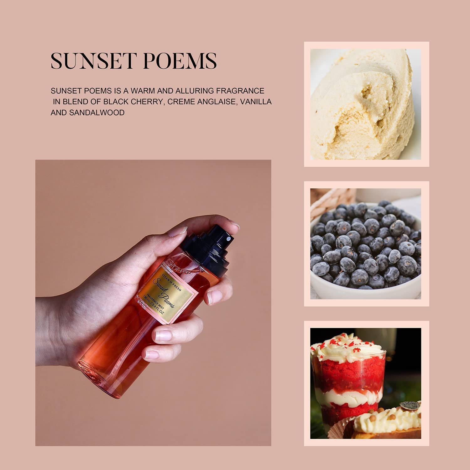Clean-n-Fresh Sunset Poems bottle angled shot with vanilla and sandalwood warmth.