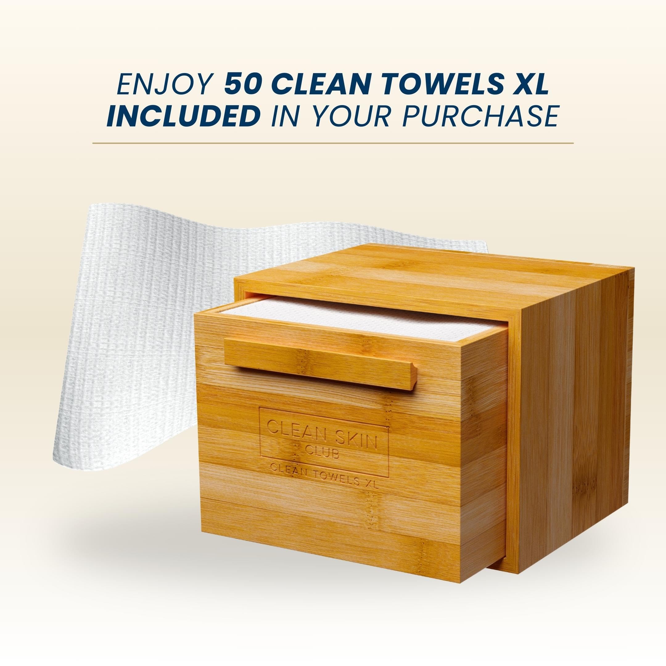 Bamboo container with pullout drawer holding Clean Towels®.