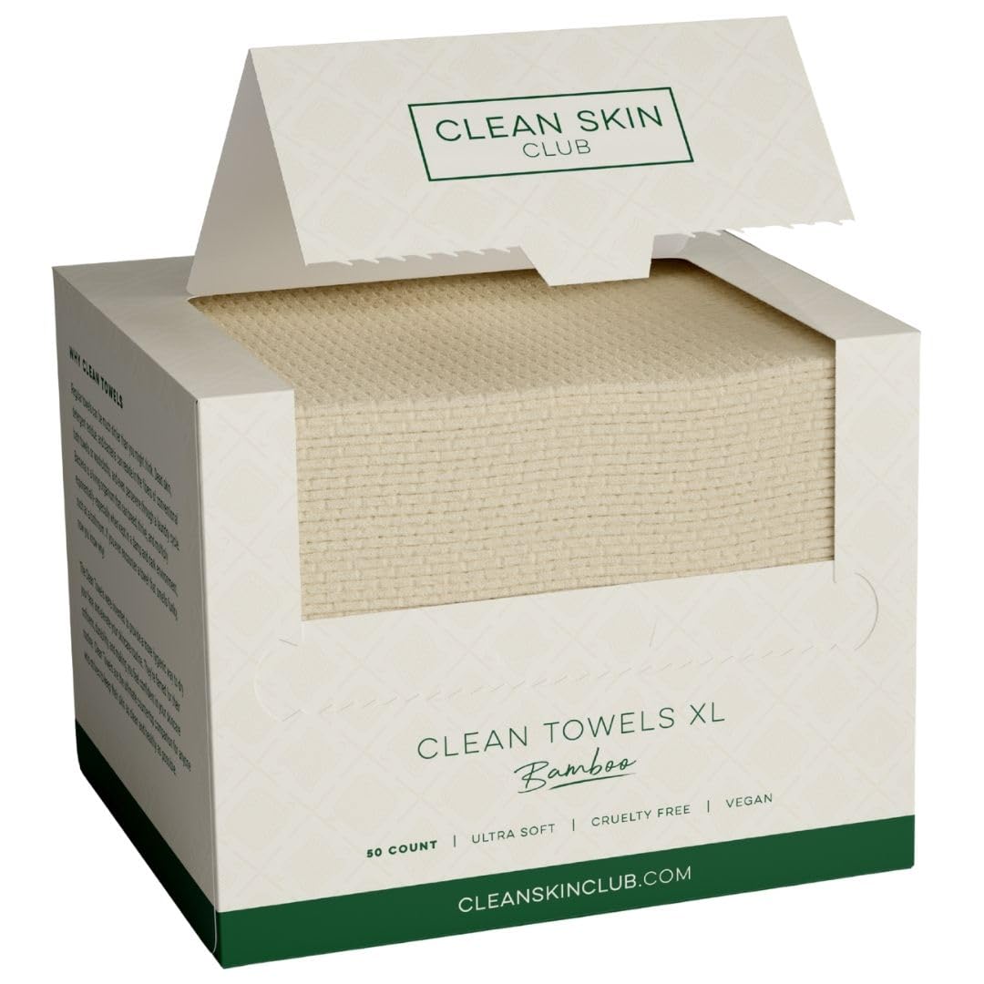 Clean Skin Club Bamboo Viscose Clean Towels XL pack closeup shows ultra-soft disposable towels.