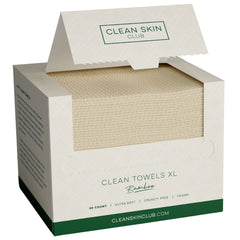 Clean Skin Club Bamboo Viscose Clean Towels XL pack closeup shows ultra-soft disposable towels.