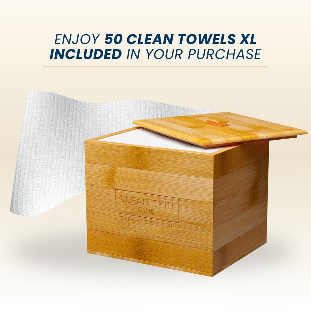 Clean Skin Club storage on bathroom counter keeps towels within reach