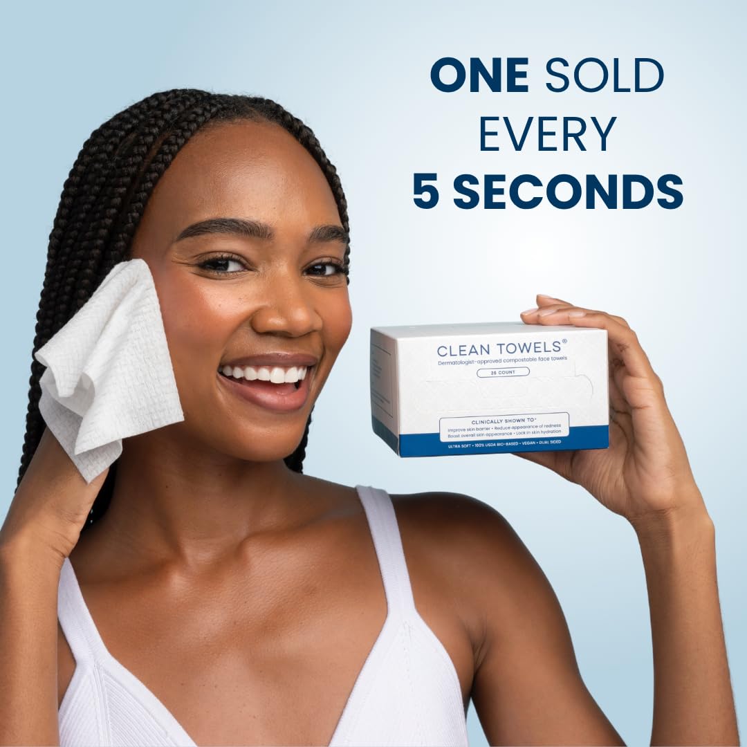 Dry facial towels being used to pat-dry the face after cleansing