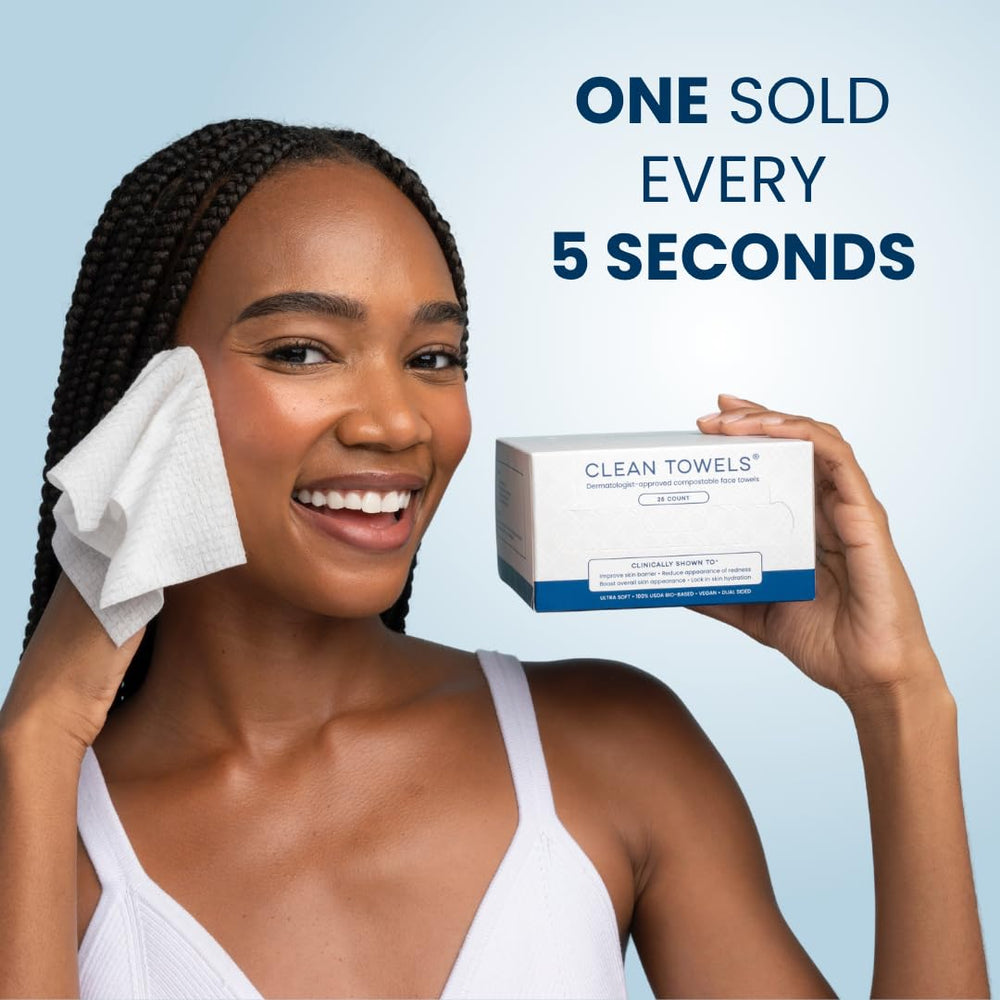 Dry facial towels being used to pat-dry the face after cleansing