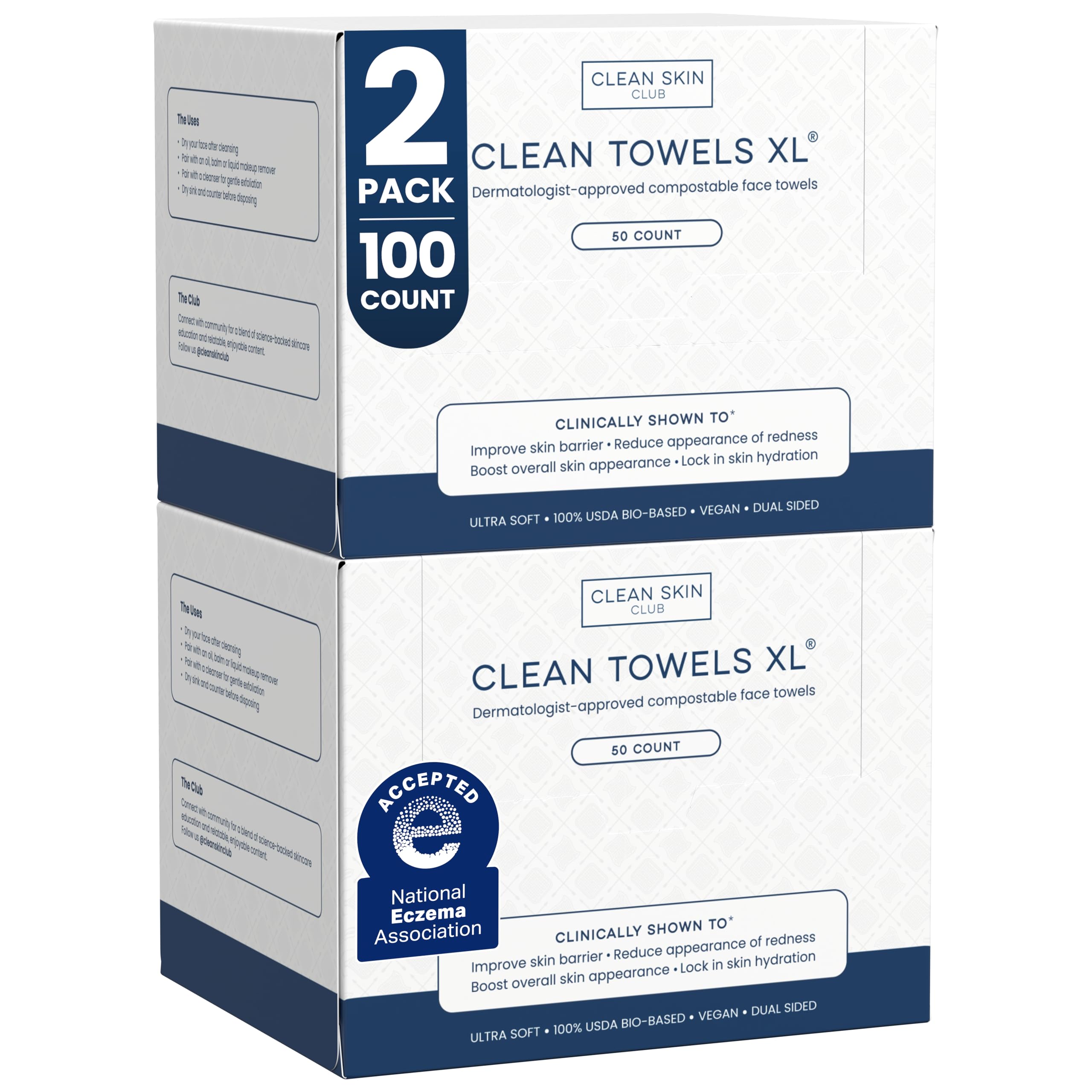 Clean Skin Club Clean Towels XL pack front shows two 50-count boxes for on-the-go use