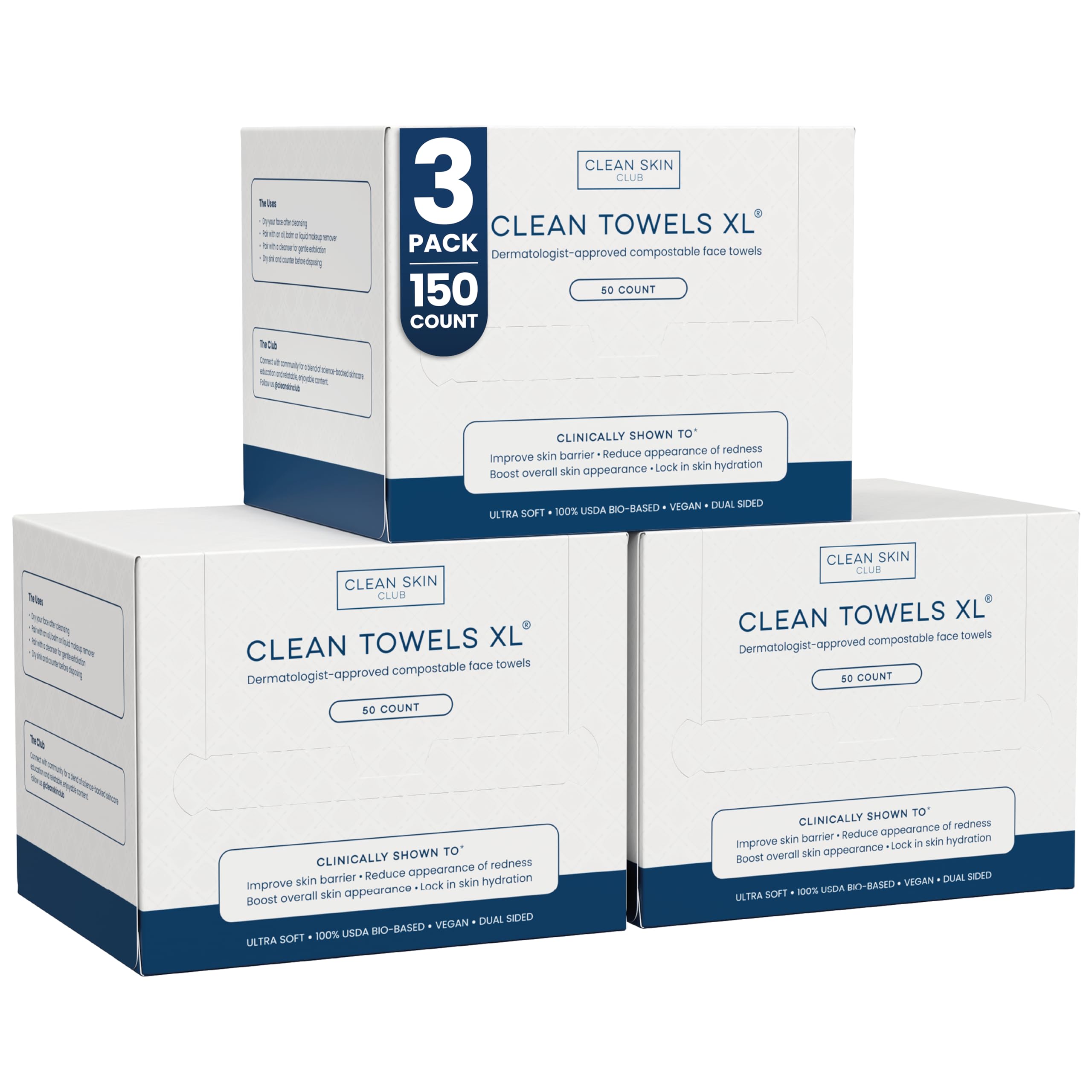 Clean Skin Club Clean Towels XL packaging shown for convenient skincare routine