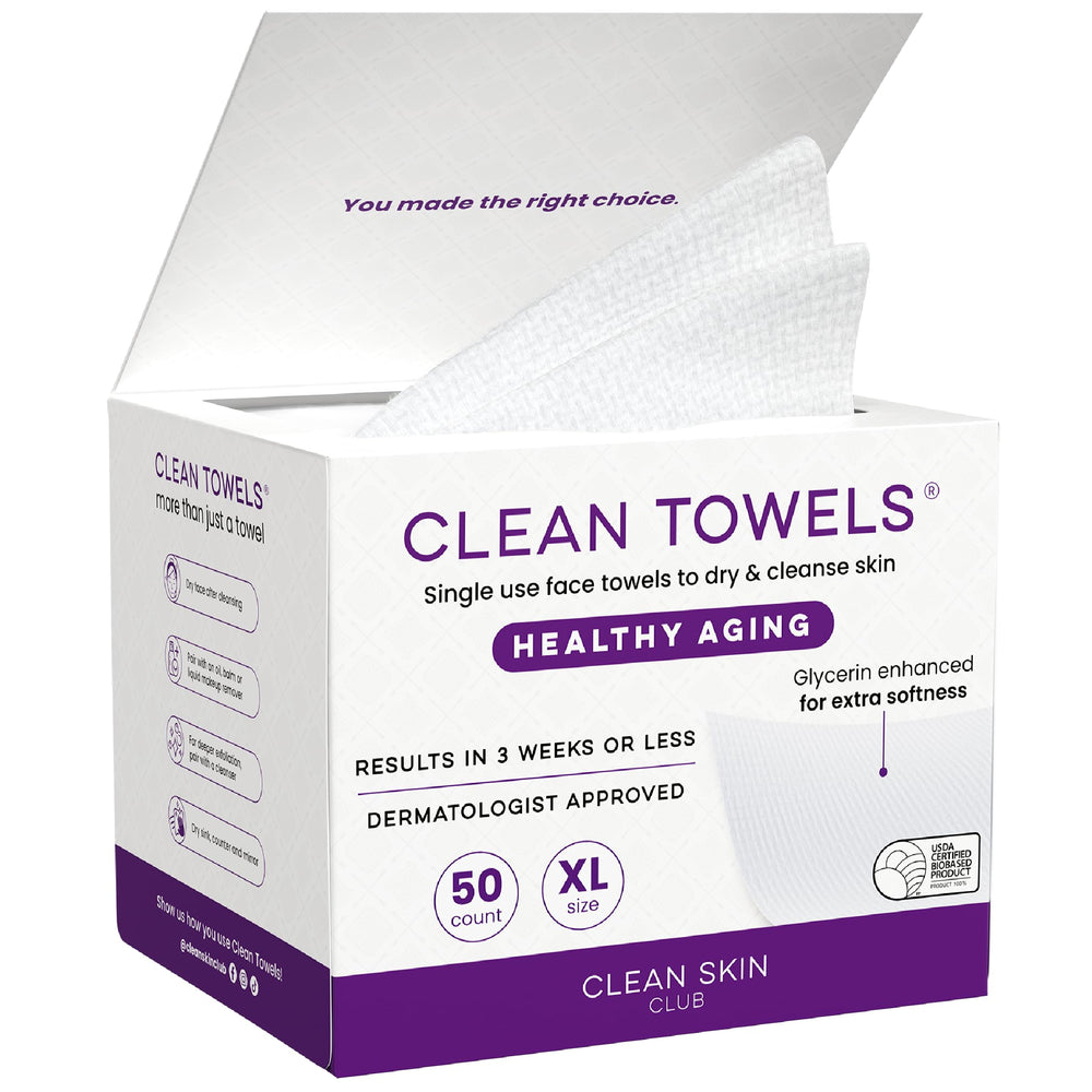 Clean Skin Club Healthy Aging Clean Towels XL packaging shows hygienic single-use towels for travel-ready skincare.