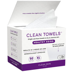 Clean Skin Club Healthy Aging Clean Towels XL packaging shows hygienic single-use towels for travel-ready skincare.