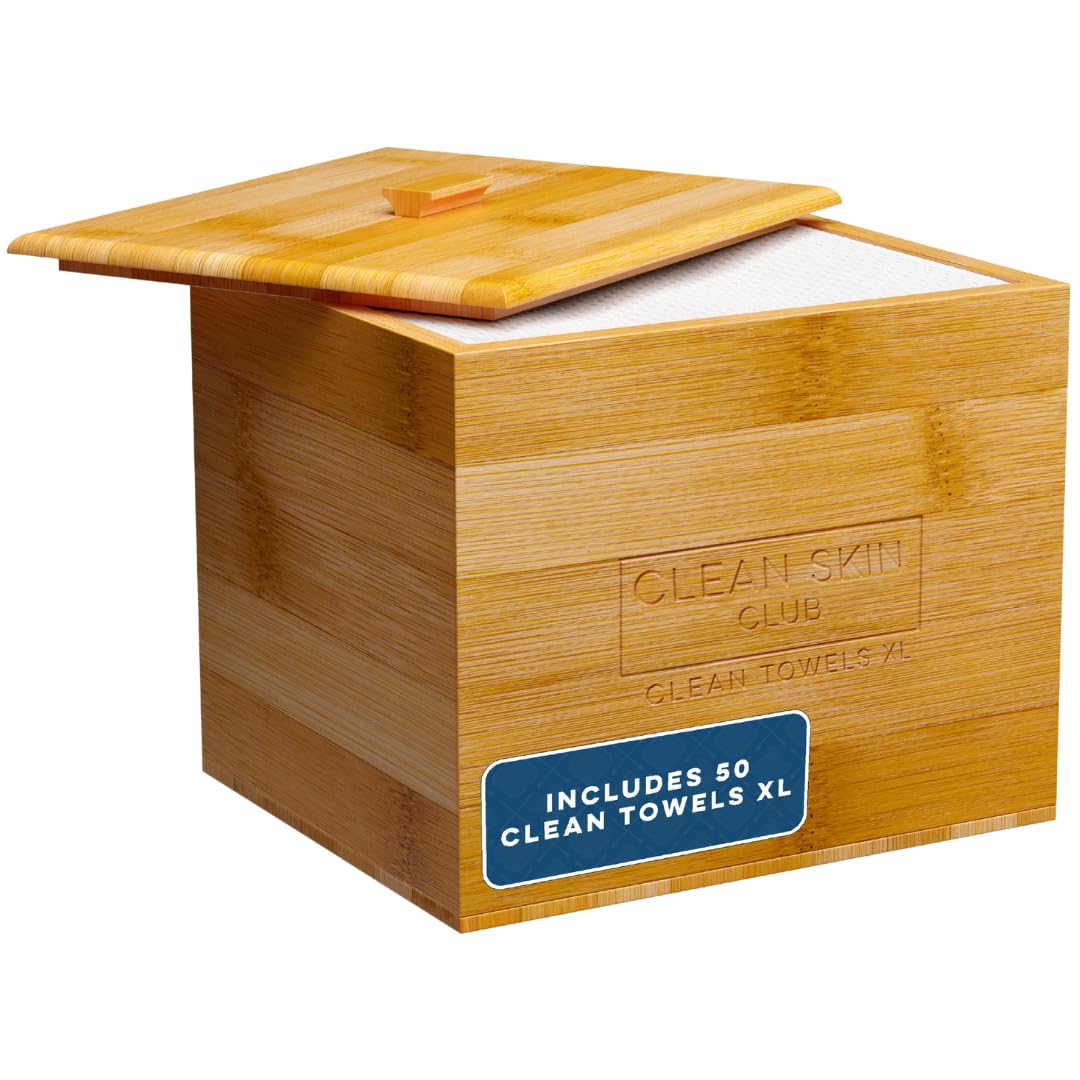 Clean Skin Club luxe-bamboo-container on counter provides stylish towel storage