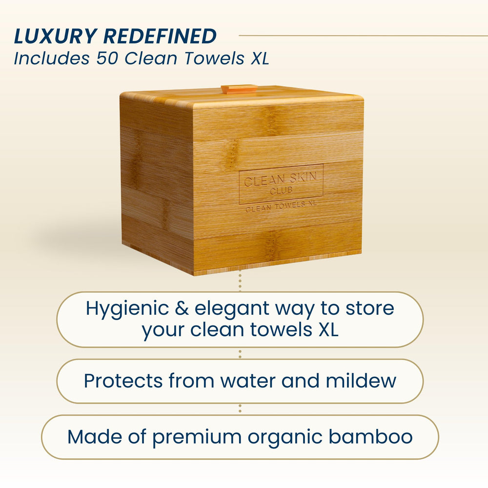 Clean Skin Club removable cover highlights easy-access lid for hygienic towel storage