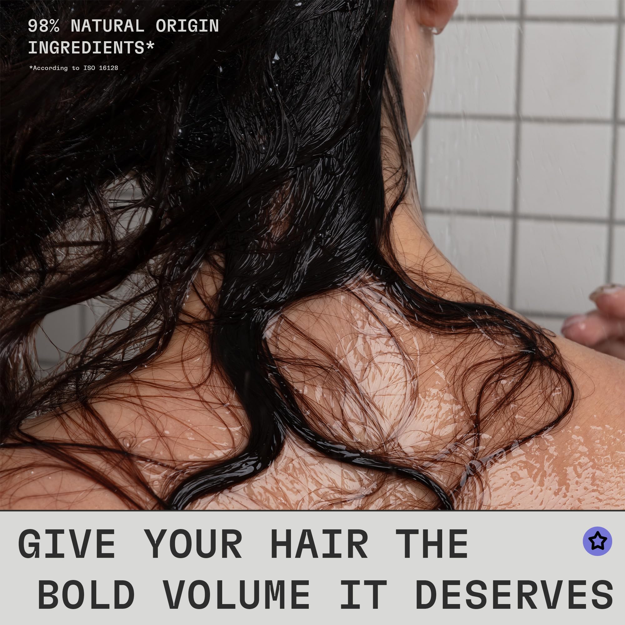 cleanjourney Bold Volume bottle-pour shows rice protein for fuller, shinier hair