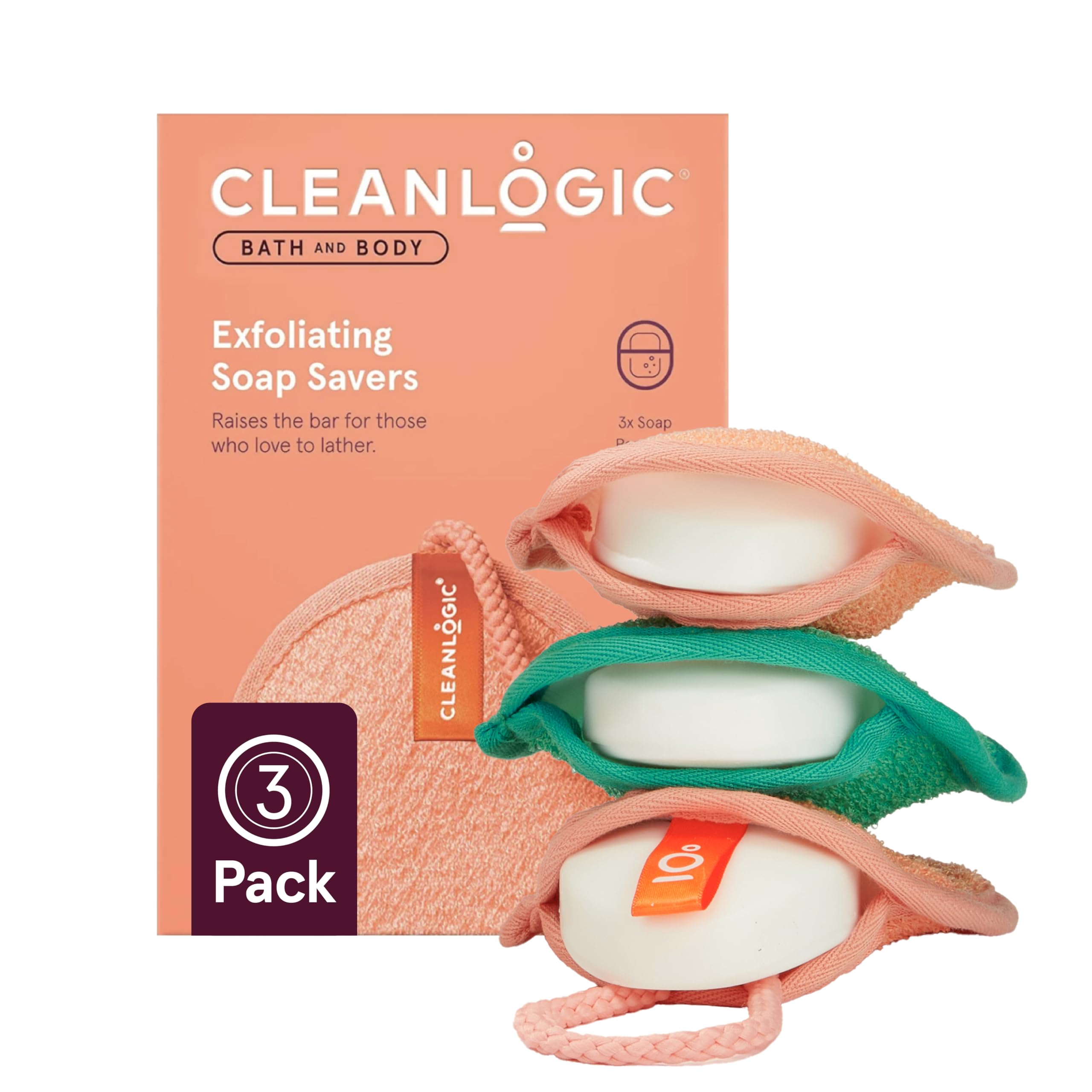 Cleanlogic bath and body exfoliating soap saver close-up showing textured pouch for smoother skin.