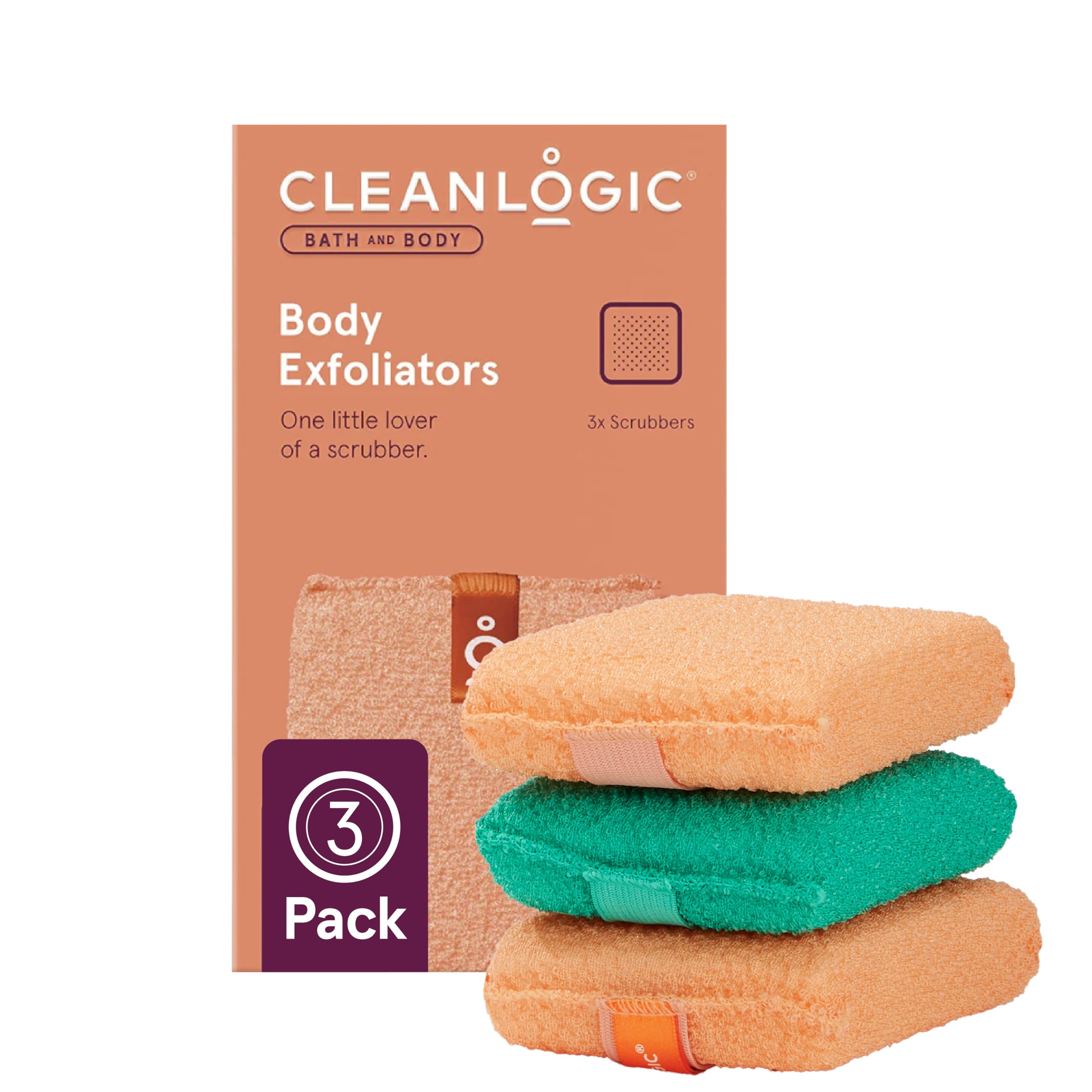 Cleanlogic bath scrubber pack in three colors for deep clean and smoother skin.