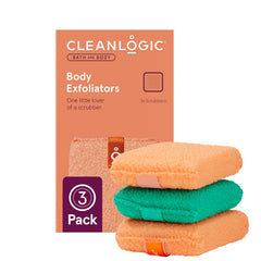 Cleanlogic bath scrubber pack in three colors for deep clean and smoother skin.