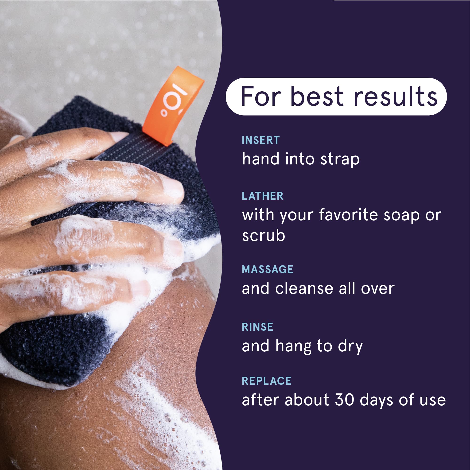 Charcoal-infused scrubber close-up emphasizing impurity absorption and refreshing feel.