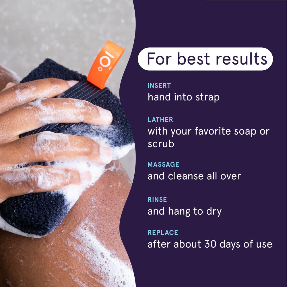 Charcoal-infused scrubber close-up emphasizing impurity absorption and refreshing feel.