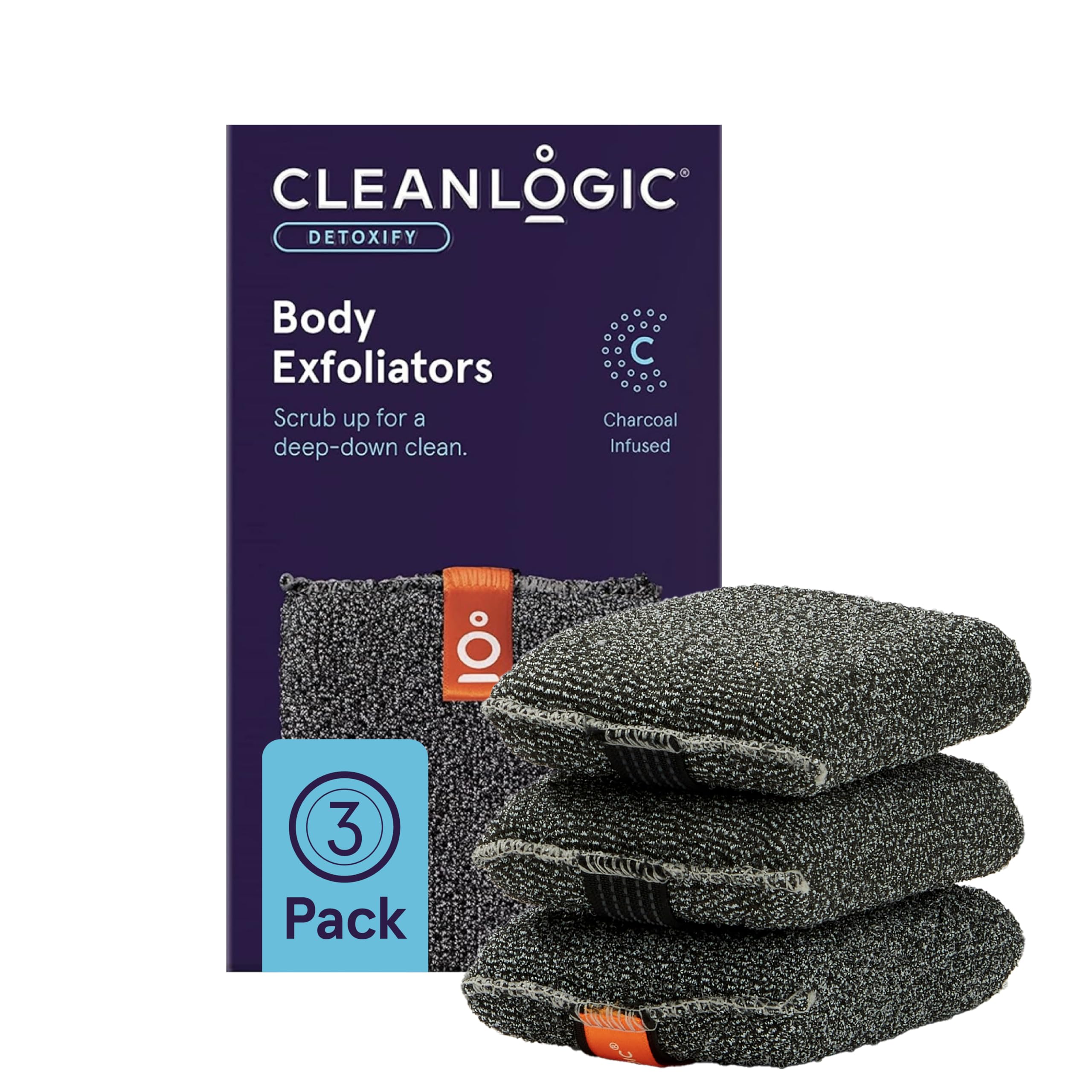 Cleanlogic Detoxify charcoal exfoliating body scrubber in use for a refreshed, smoother skin texture.