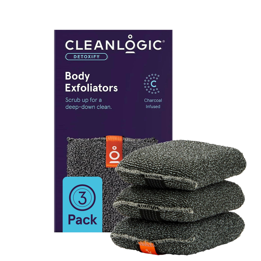 Cleanlogic Detoxify charcoal exfoliating body scrubber in use for a refreshed, smoother skin texture.