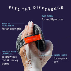 Cleanlogic Detoxify dual-texture round scrubber in hand demonstrates gentle exfoliation