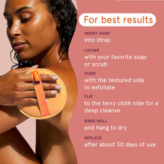 Cleanlogic dual-texture round scrubber in shower for radiant skin.