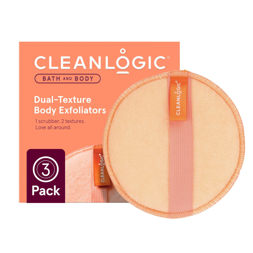 Cleanlogic dual-texture exfoliating body scrubbers pack for smoother skin.