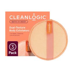 Cleanlogic dual-texture exfoliating body scrubbers pack for smoother skin.