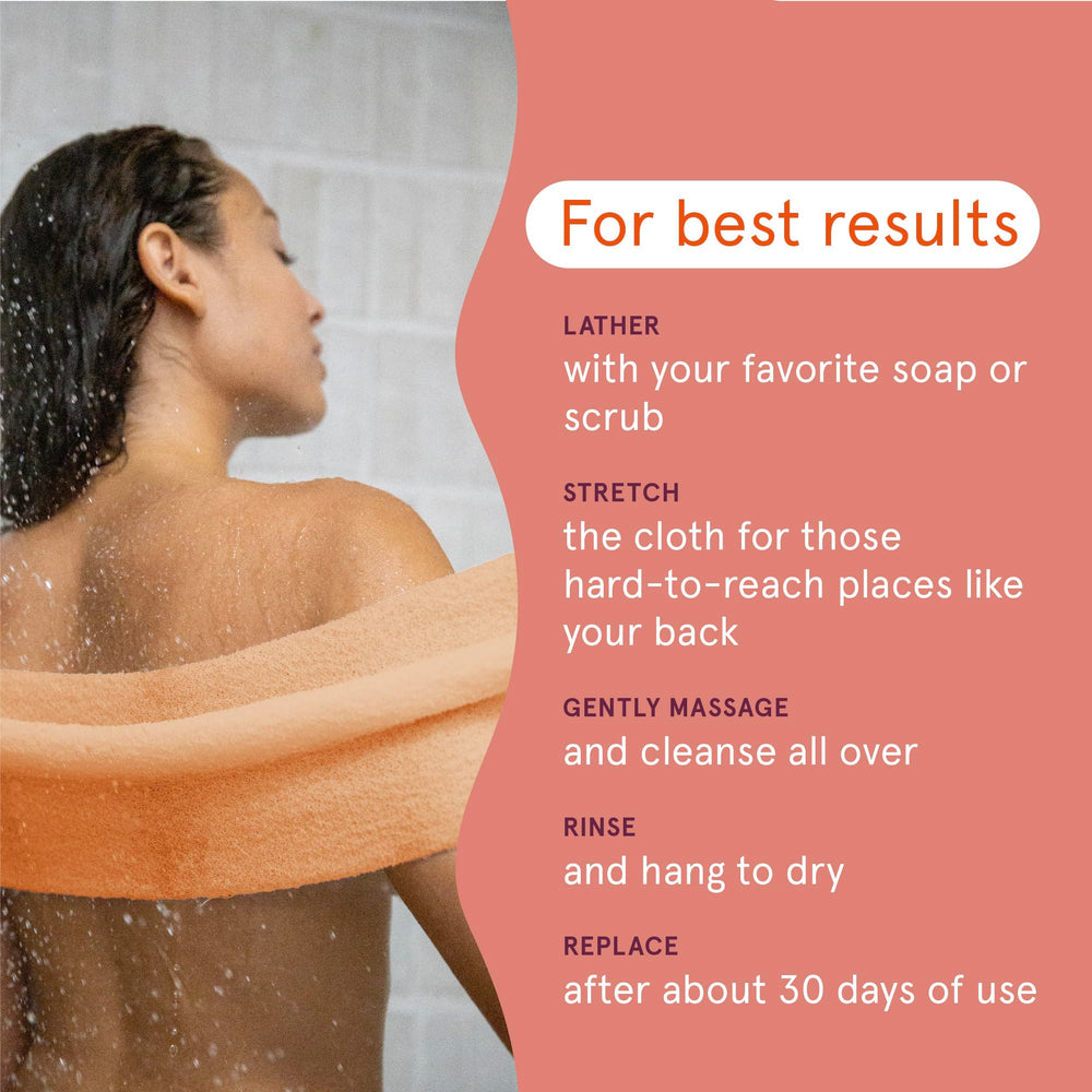 Cleanlogic exfoliating cloth in bath setting offers refreshing shower exfoliation